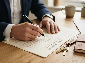 Hands signing a construction contract with a fountain pen