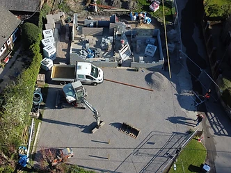 Aerial view of self-build foundation walls under construction