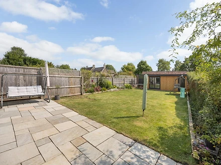 Garden with patio, lawn and garden office shed