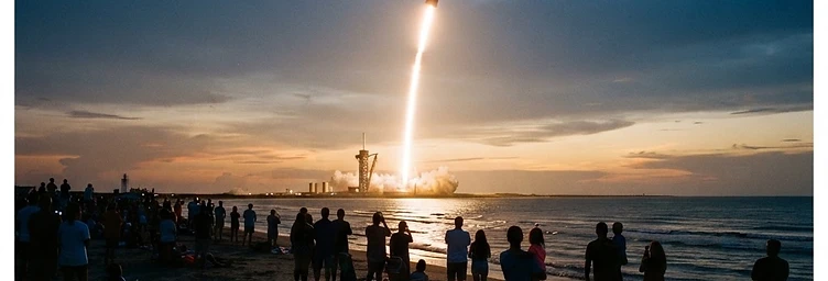 Rocket launch rising from the horizon, spectators watching from Boca Chica beach at dusk