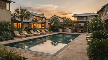 Pool deck at golden hour, courtyard landscaping
