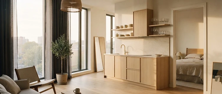 One bedroom residence interior with natural light and calm neutral tones