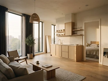 One bedroom interior, natural light, calm neutral tones