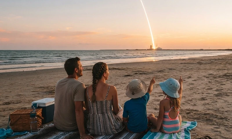 Family watching a rocket launch from Boca Chica beach at golden hour, contrail rising into the sunset sky