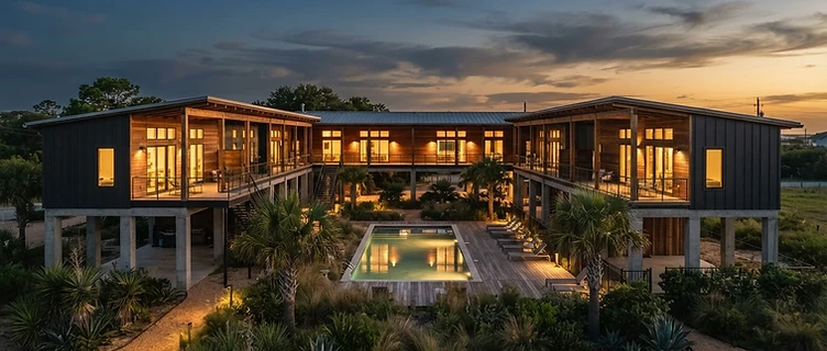 MSX Dragonfly residential cluster at dusk, elevated on stilts, pool courtyard visible