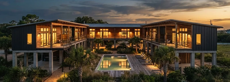 MSX Dragonfly residential cluster, elevated modern architecture at dusk
