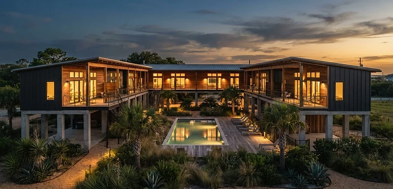 MSX Dragonfly cluster buildings at dusk, U-shaped courtyard layout with warm interior lights