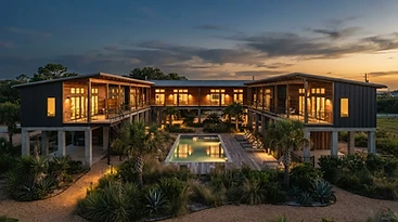 MSX Dragonfly cluster at dusk, elevated architecture with warm interior lights