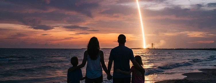 Family silhouettes on Boca Chica beach at dusk watching a bright rocket launch rise into the sky