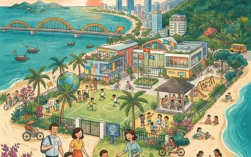 A bright, colorful illustration of happy children from diverse backgrounds playing in a sunny school courtyard in Da Nang, with the Marble Mountains visible in the soft-focus background.