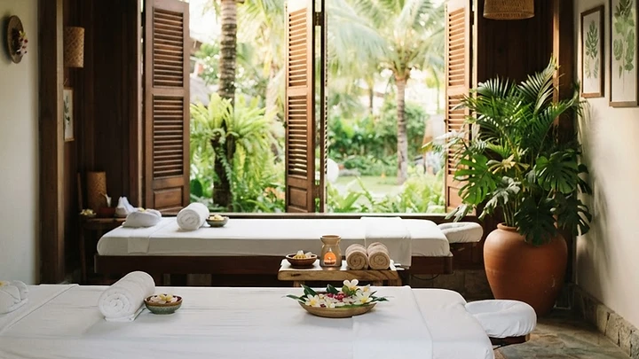A tranquil da nang massage spa treatment room with warm lighting, fresh towels and a wooden foot soak bowl