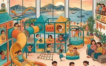 A vibrant, colorful illustration of a modern indoor playground in Da Nang filled with happy children, featuring a ball pit, soft climbing frames, and tropical-themed decor.
