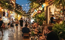 Meeting people in Da Nang at an outdoor cafe on the An Thuong social strip at dusk