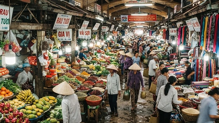 Con Market Da Nang interior showing fresh produce stalls and spice vendors