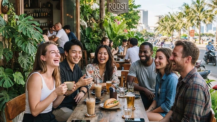 A group of expats and digital nomads socializing at a cafe in the An Thuong neighborhood of Da Nang.
