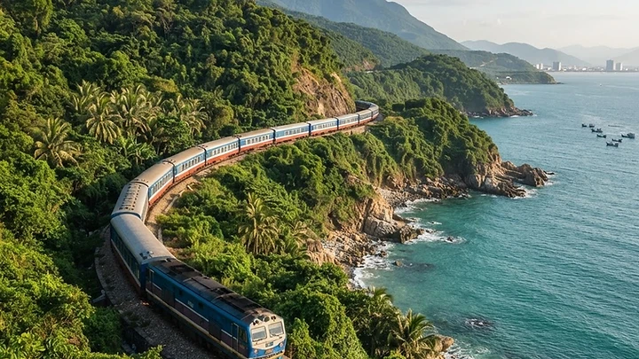 A Vietnamese passenger train curving along the green coastal cliffs near the Hai Van Pass, with the turquoise sea below.