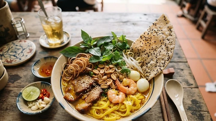 A vibrant bowl of Mi Quang noodles with fresh herbs and peanuts on a wooden table in Da Nang.