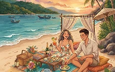 A high-angle, vibrant shot of a boho-style picnic setup on a sandy beach in Da Nang during sunset, featuring a woven mat, local tropical fruits, artisan cheese, and two glasses of sparkling wine with the Marble Mountains visible in the soft-focus distance.