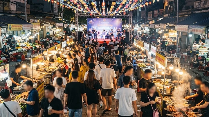 Helio Night Market Da Nang at night with illuminated food stalls and LED lights