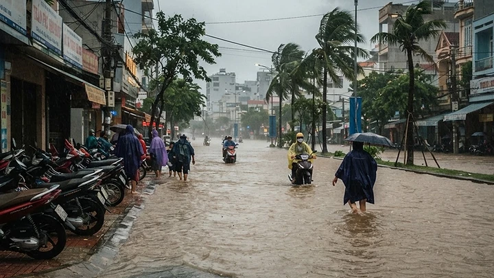 Da Nang flood on a city street during typhoon season with rain and water on the road