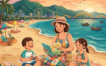 A warm, sunlit illustration of a friendly Vietnamese nanny playing with a young child in a lush Da Nang garden near the beach, with palm trees and the sea in the background.