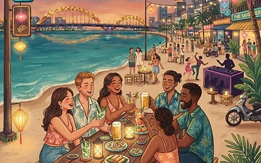 A vibrant, wide-angle shot of a rooftop bar in Da Nang overlooking the Han River at night, with the illuminated Dragon Bridge in the background, people socializing with cocktails, and warm string lighting creating a cozy, upscale atmosphere.