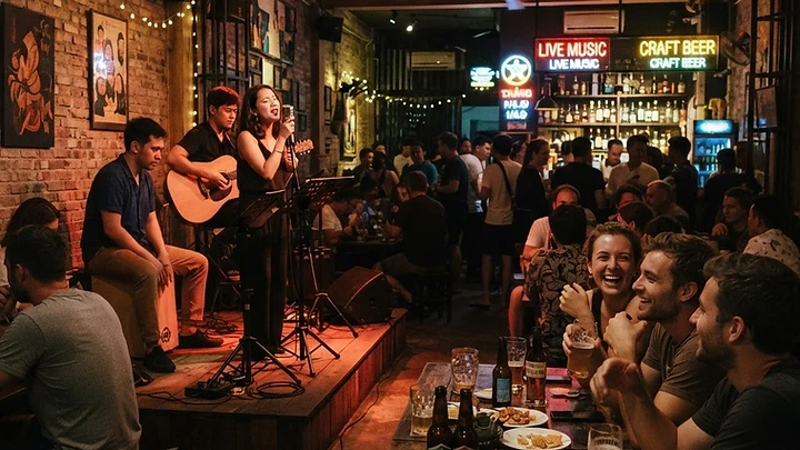 A cozy, dimly lit live music bar in Da Nang with a band performing on stage.