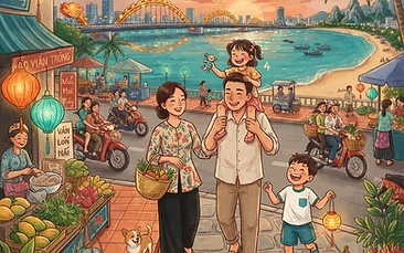 A vibrant, cheerful illustration of a family of four riding a scooter together through a sunny Da Nang street, with the iconic Dragon Bridge and palm trees in the background.