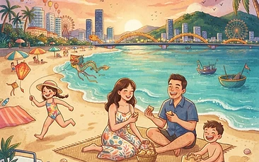 A vibrant, sunny illustration of a young family walking along My Khe beach in Da Nang, with the iconic Dragon Bridge visible in the colorful, stylized background.