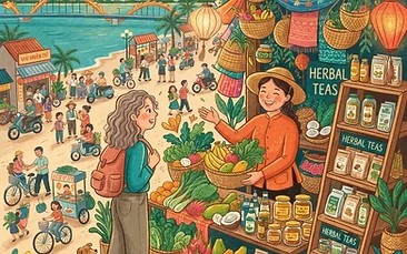 A bright, modern grocery shelf in Da Nang filled with colorful tropical fruits, jars of nuts, and organic labeled vegetables, with a blurred beach scene in the background.