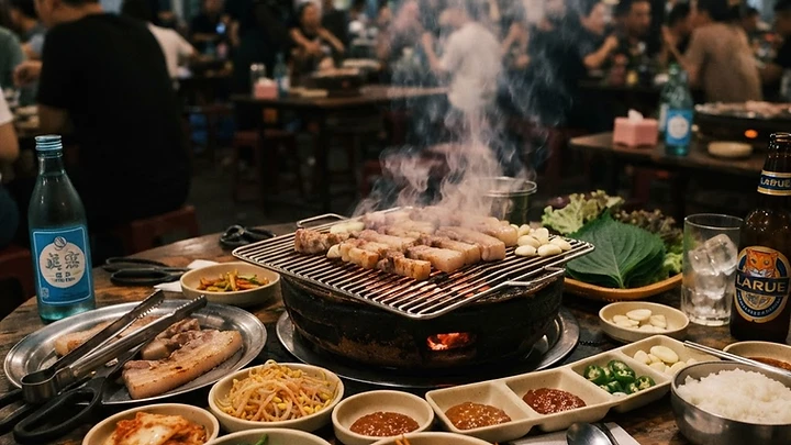 밤에 다낭의 한 식당 테이블 위에서 삼겹살이 지글지글 익어가는 고기 불판과 쌈 채소, 작은 반찬 그릇들.