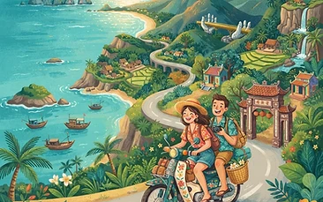A vibrant, sun-drenched photograph of a winding coastal road on the Son Tra Peninsula, with lush green jungle on one side and a turquoise bay visible in the distance.