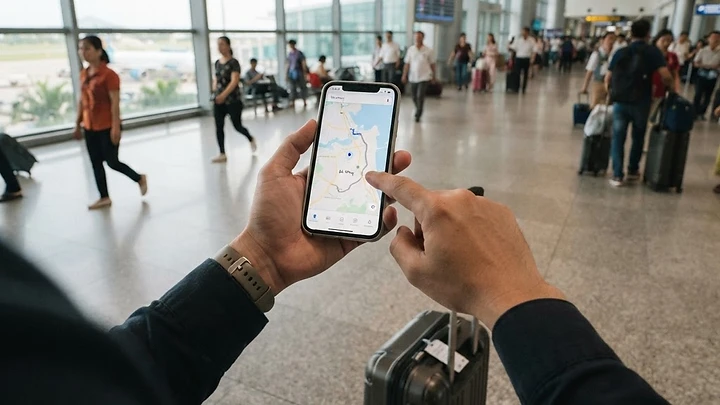 다낭 국제공항 입국장에서 캐리어 옆에 서서 지도 앱이 열린 스마트폰을 들고 있는 여행자