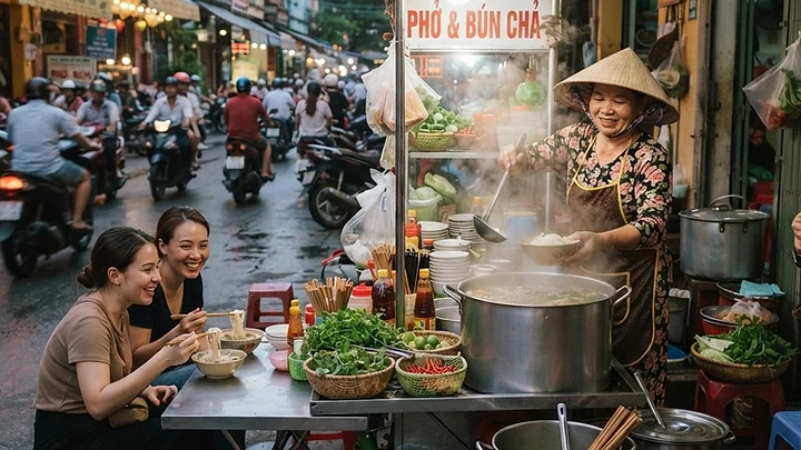 A busy Da Nang street food stall at dusk with a cook ladling steaming noodle soup into bowls while customers sit on small plastic stools.