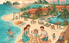A vibrant, sun-drenched photo of a family playing on the white sand of a Da Nang beach with a luxury resort pool in the background and clear blue water.