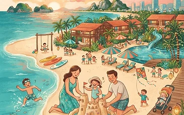 A vibrant, sun-drenched photo of a family playing on the white sand of a Da Nang beach with a luxury resort pool in the background and clear blue water.