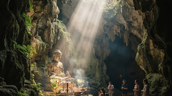 A sunlit cave shrine inside the Marble Mountains in Da Nang, with a beam of light falling on a stone Buddha statue and incense smoke in the air.
