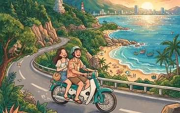 A sun-drenched coastal road winding around the green mountains of Son Tra Peninsula with a turquoise sea and white sand beach visible in the background.