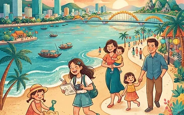 A vibrant, cheerful illustration of a multi-generational family walking along the golden sands of My Khe beach with the iconic Dragon Bridge visible in the warm, sunset-lit background.