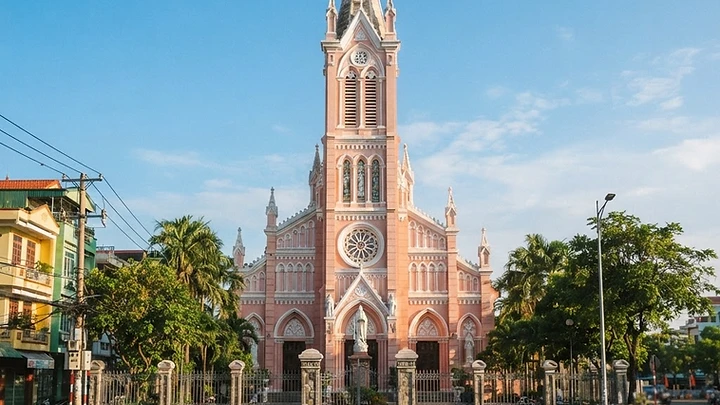 Da Nang Cathedral pink church facade and bell tower on Tran Phu Street