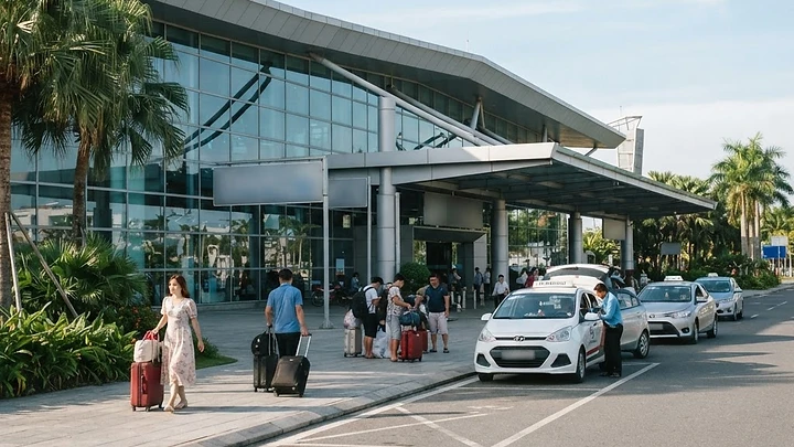 Da Nang Airport terminal exterior with taxis and ride-hailing pickup zones