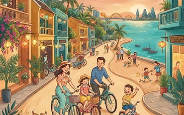 A vibrant, cheerful illustration of a young expat family walking along a clean, palm-lined street in Da Nang with a view of the ocean in the distance, featuring warm sunlight and modern residential buildings.