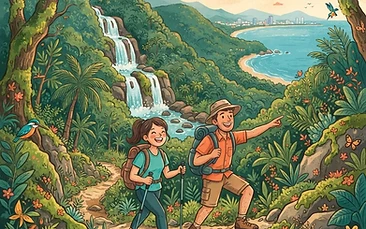A vibrant, colorful illustration of a hiker standing on a stone lookout platform at Bach Ma, surrounded by lush green jungle foliage and a misty mountain valley in the background.
