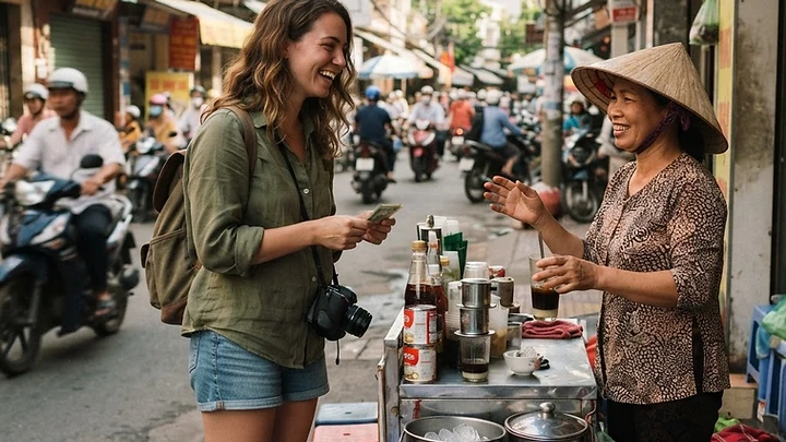A smiling traveler ordering iced coffee from a friendly street vendor at a small sidewalk stall in Da Nang.