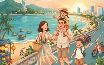 A vibrant, cheerful illustration of a family of four wearing sun hats, walking along the beach in Da Nang with the iconic Dragon Bridge visible in the background under a sunny blue sky.
