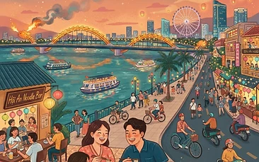 A vibrant long-exposure photo of the Dragon Bridge at night, illuminated with neon lights, with reflections shimmering on the Han River and people enjoying outdoor seating at a nearby riverside bar.
