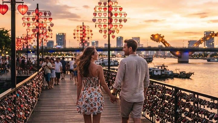A couple walking along the Love Bridge in Da Nang at sunset with heart-shaped lanterns glowing.
