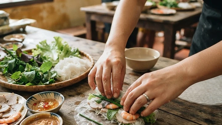 Hands rolling fresh rice paper rolls on a wooden table covered with herbs, rice noodles, sliced pork and small bowls of dipping sauce during a cooking class in Da Nang.