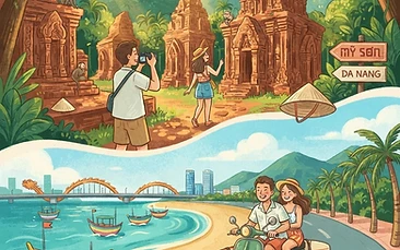 Ancient red brick towers of My Son Sanctuary surrounded by jungle in Vietnam
