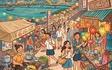A vibrant, colorful night scene of a bustling Vietnamese night market with smoke rising from charcoal grills, illuminated by glowing red lanterns and neon signage, with the Dragon Bridge visible in the background.
